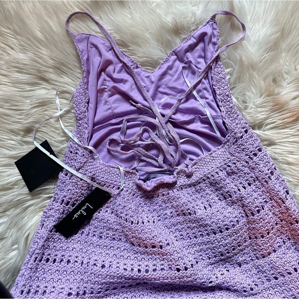 LULU’S Summer Muse Lavender Crochet Lace-Up Mini Dress - Picture 5 of 8